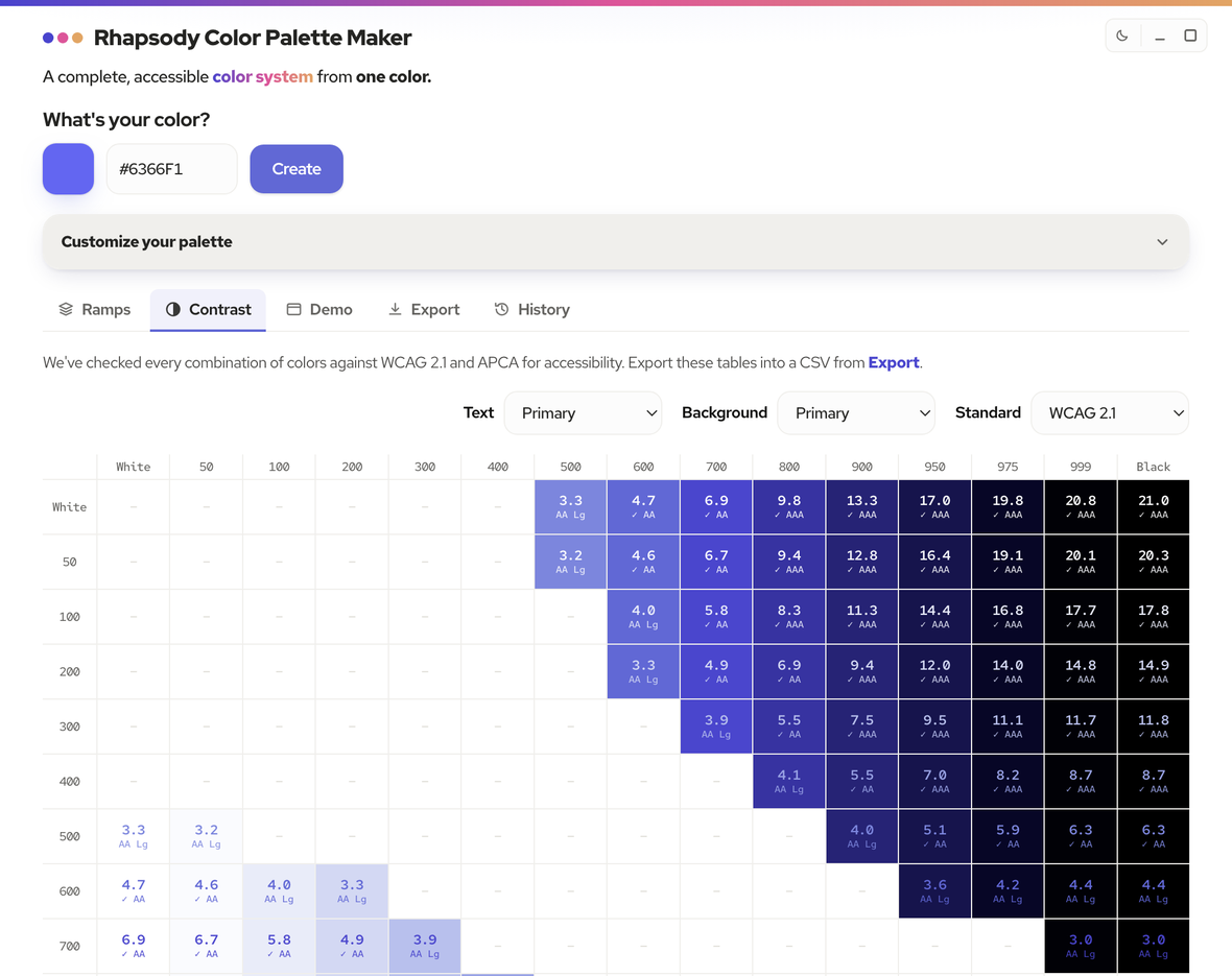 Rhapsody Palette — the Contrast view: a WCAG and APCA contrast grid