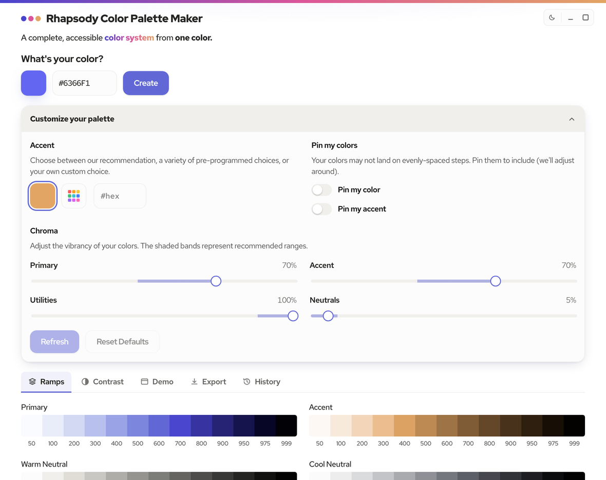 Rhapsody Palette — the Customize view: accent, chroma, and color-pinning controls