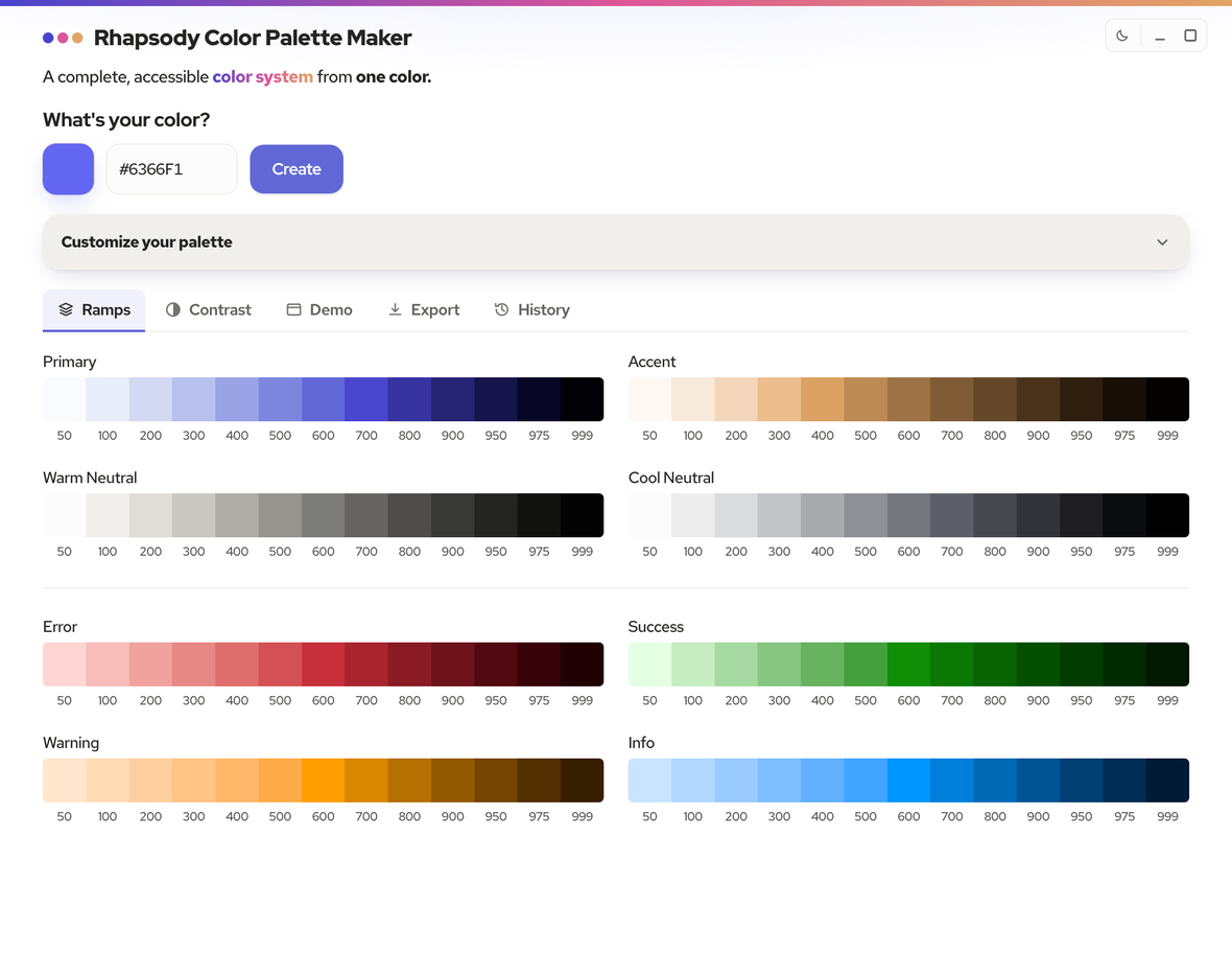 Rhapsody Palette — the Ramps view: eight perceptually-even color ramps built from one brand color